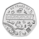 The reverse of the 2025 90 Years of MONOPOLY 50p coin.