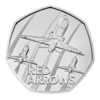 The reverse of the 2025 The Red Arrows 50p coin.