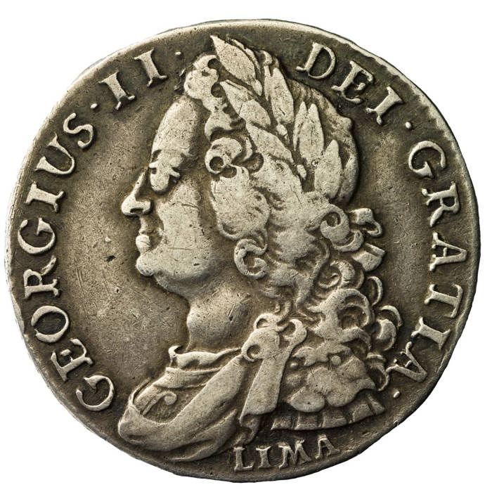 1745–46 George II Shilling Silver Coin, LIMA Mint Mark 