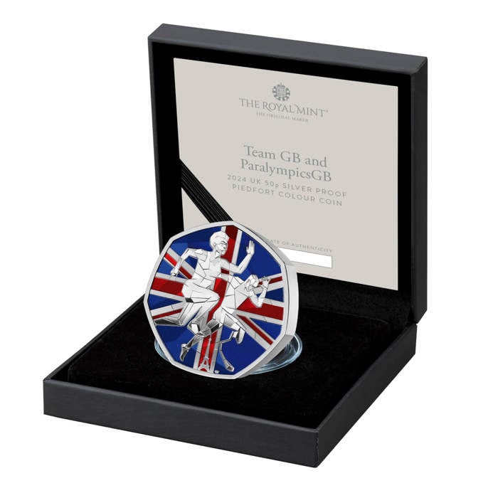 Team GB and ParalympicsGB 2024 UK 50p Silver Proof Piedfort Colour Coin
