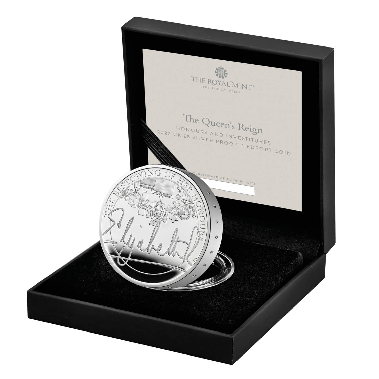 The Queen's Reign Honours and Investitures 2022 UK £5 Silver Proof Piedfort Coin